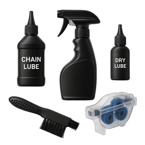 Collection of cycling maintenance products including chain lube, dry lube, brush, and cleaning tool on a gray background.