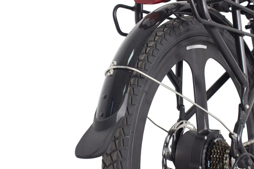 Rear fender and textured tire tread on Movin Tempo electric bicycle for clean, stable rides