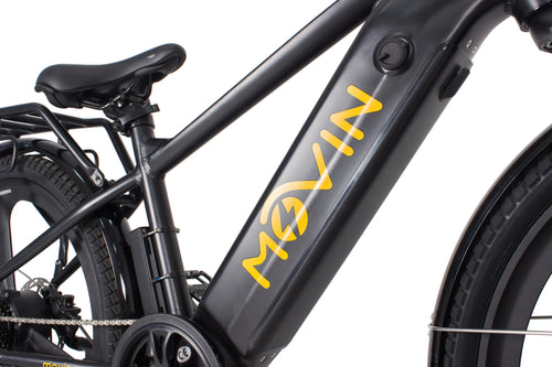 Frame and battery detail on Movin Tempo Max electric bike highlighting compact power system