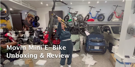 Movin e-bike with aluminum frame shown being effortlessly lifted by female rider