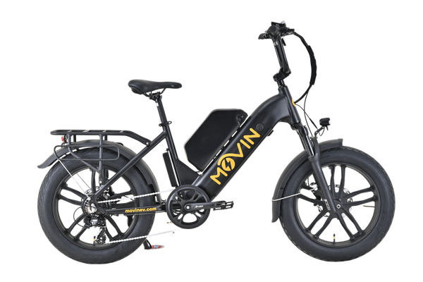 Black electric bike with 'MOVIN' branding on a white background
