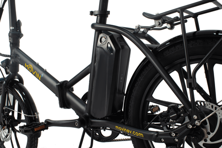 Mini Folding Movin e-bike rear setup featuring battery pack and Shimano stopping power
