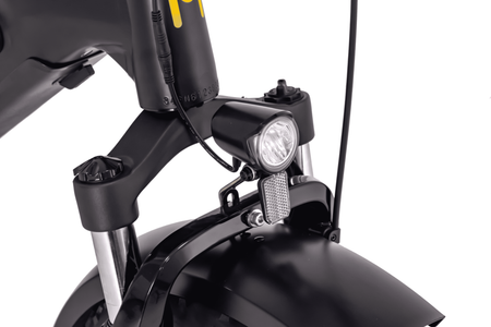 Front fork suspension and LED light detail on Movin electric bike for comfort and visibility