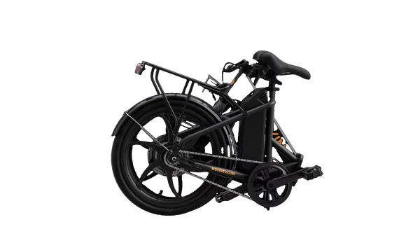 Black folding electric bike with rear wheel, chain, and disc brake, angled view