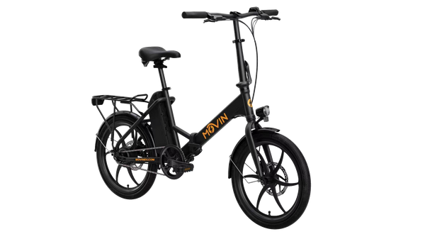 Black folding electric bike with headlight and disc brakes, side view