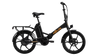 Black folding electric bike with belt drive and rear wheel, side profile