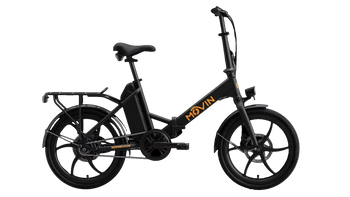 Black folding electric bike with belt drive and rear wheel, side profile