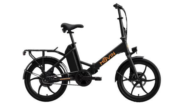 Black folding electric bike with belt drive and rear wheel, side profile