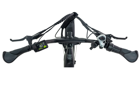 Top view of e-bike handlebar with Shimano brakes and LCD display on Movin electric bike