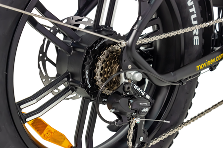 Close-up of Bafang motor and Shimano brakes on Movin electric bike rear wheel