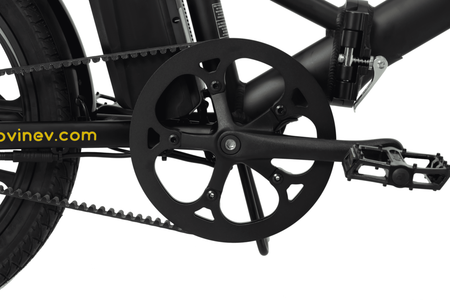 Close-up of belt-driven front sprocket on Movin compact folding e-bike