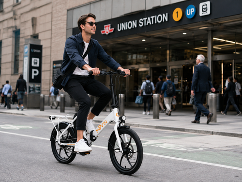 Man riding a white folding electric bike at street level