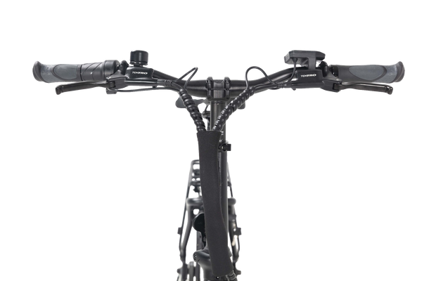 Black folding electric bike with straight handlebar and stem, front view