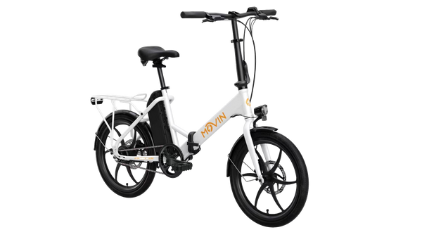 White folding electric bike with headlight and disc brakes, side view