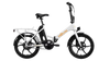 White folding electric bike with belt drive and rear wheel, side profile