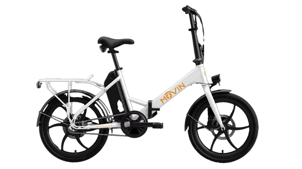 White folding electric bike with belt drive and rear wheel, side profile